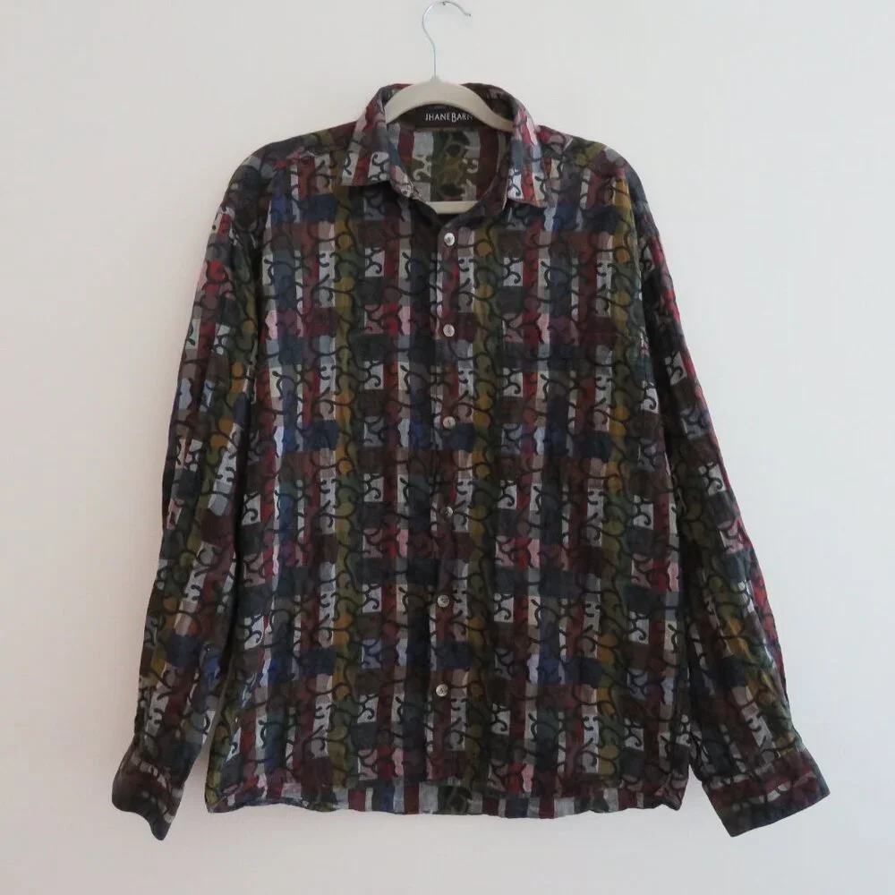 VINTAGE JHANE BARNES Abstract Checked Multicolor Button Down Shirt Men's Size M - Picture 5 of 14